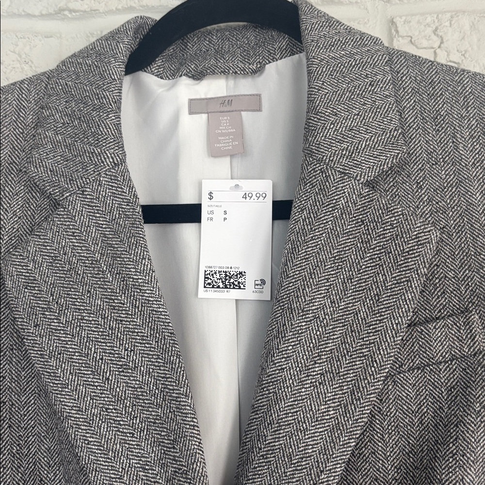 H&M Grey Black White Herringbone Double Breasted Oversized Blazer Size Small - Picture 5 of 7